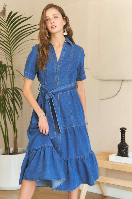ADORA Tiered Button Down Tie Waist Short Sleeve Denim Dress  Fabuluxe  Boutique
