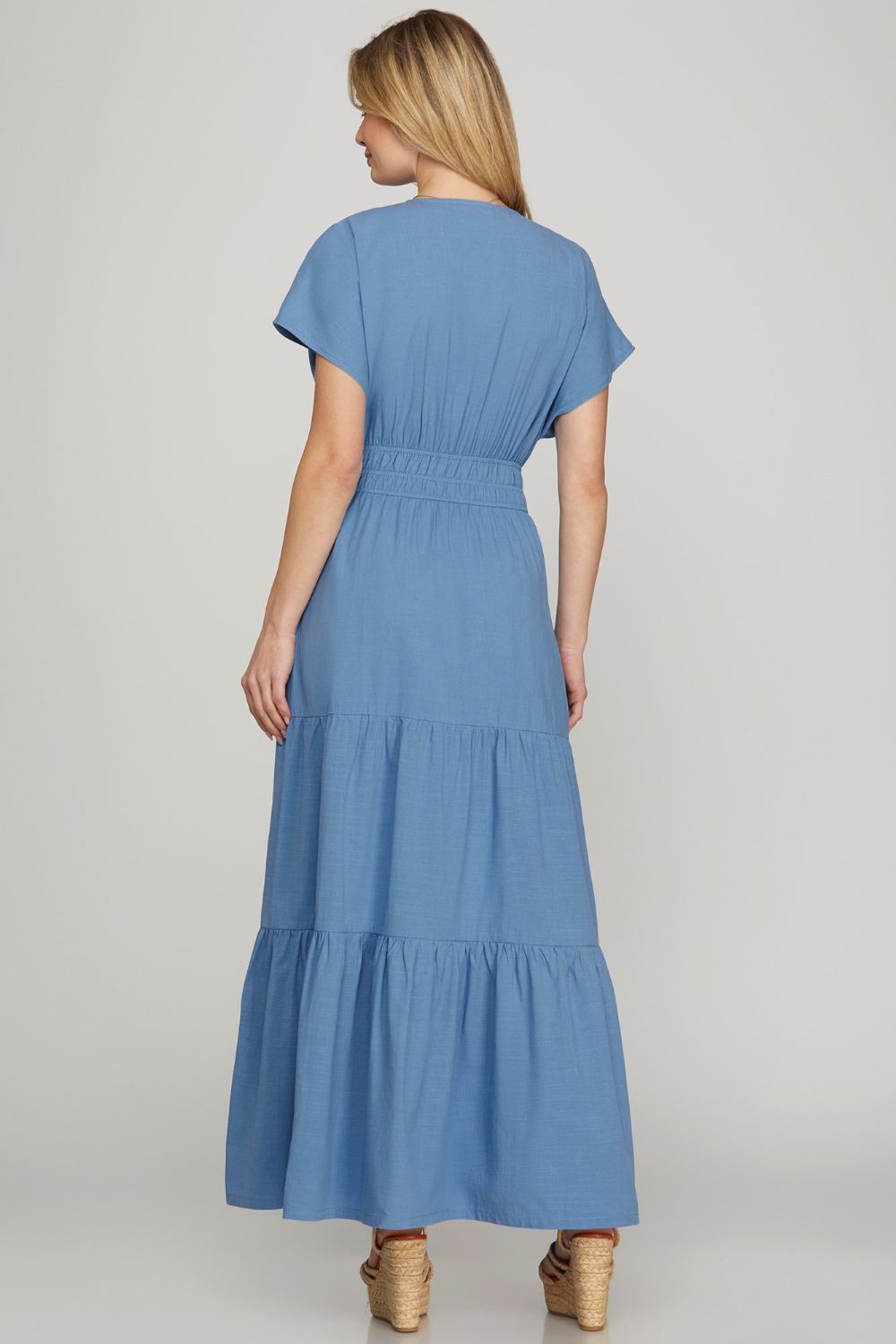 she sky maxi dress Sample She + Sky Surplice Short Sleeve Tiered Maxi Dress With Pockets