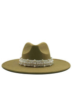 Wide Brim Fedora Hats With Pearls Khaki