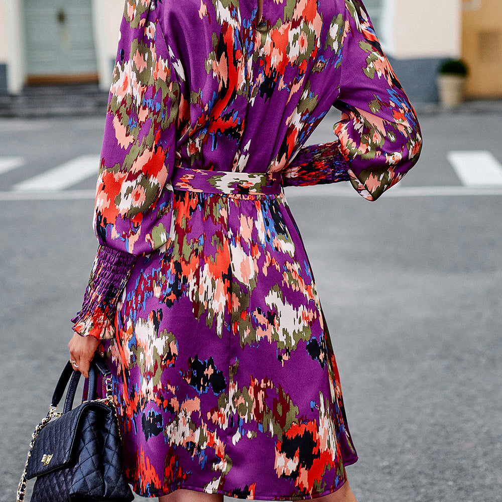 
                      
                        Printed Tie Waist Mock Neck Lantern Sleeve Dress
                      
                    