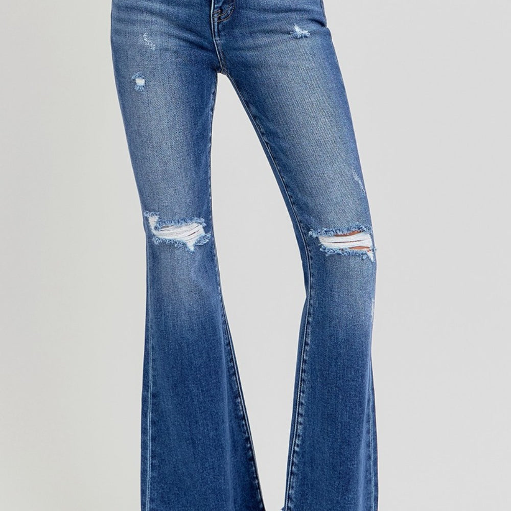 
                      
                        RISEN Full Size High Rise Distressed Raw Hem Flare Jeans
                      
                    