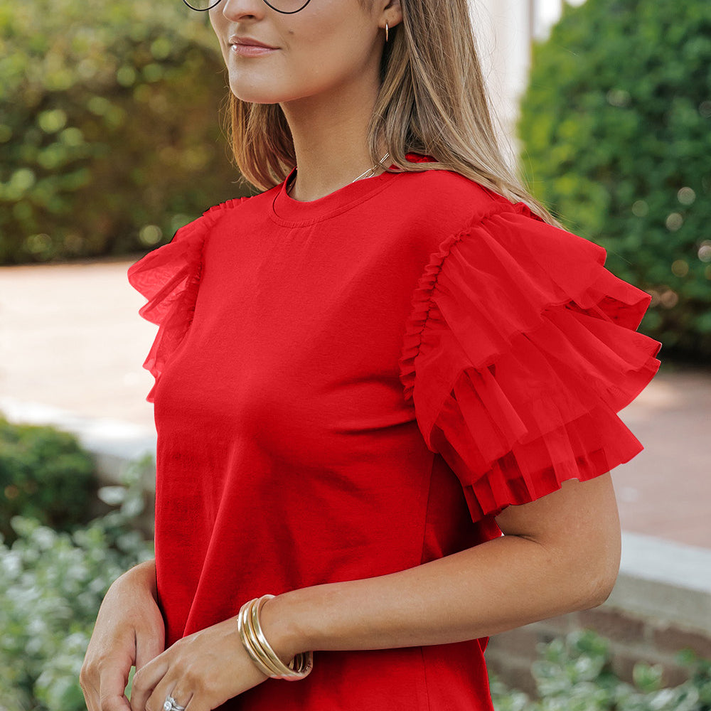 
                      
                        Ruffled Round Neck Short Sleeve Blouse
                      
                    