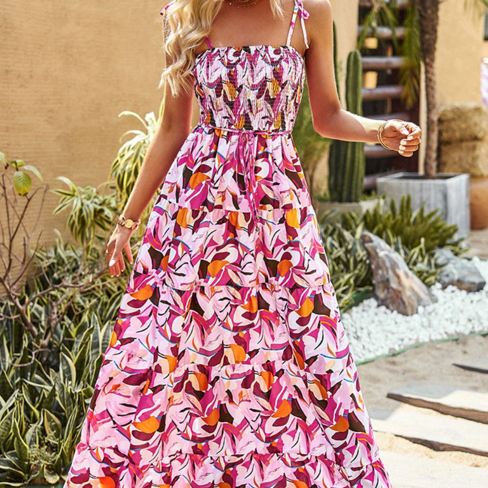 
                      
                        Printed Tie-Shoulder Smocked Maxi Dress
                      
                    