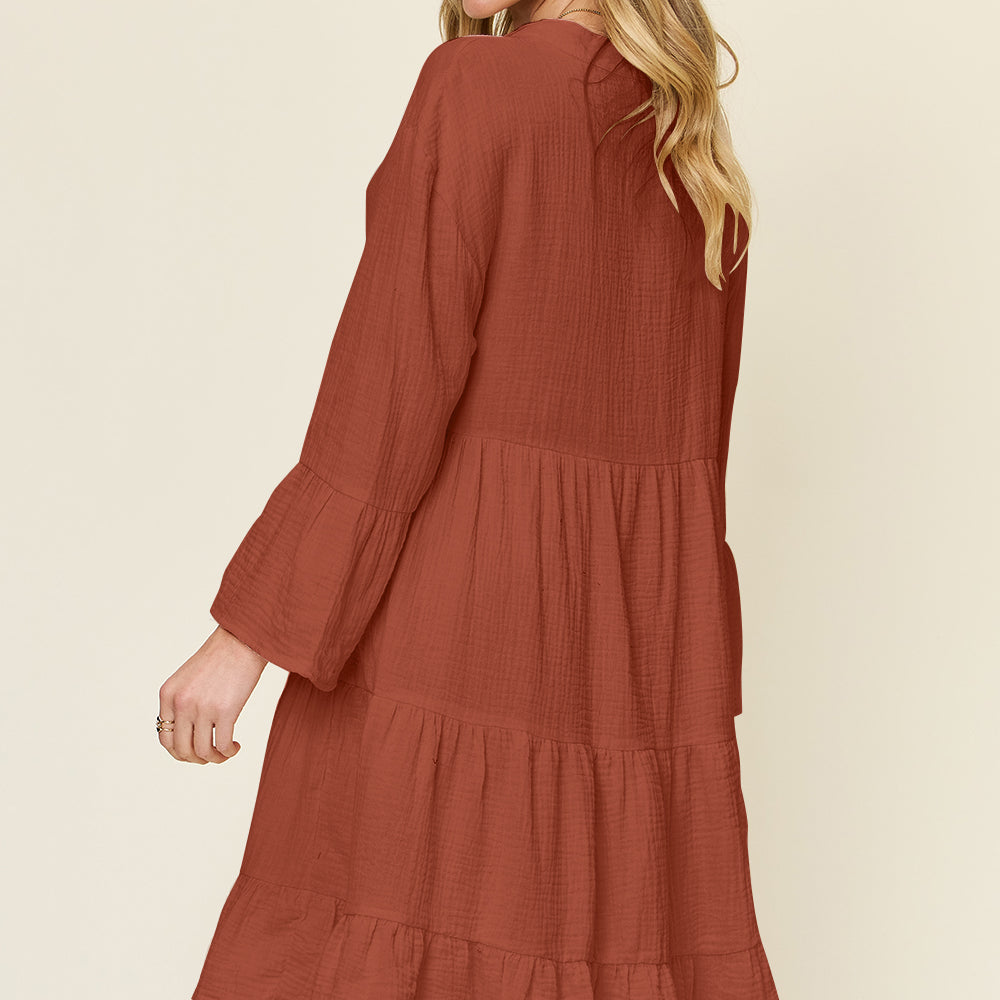 
                      
                        Double Take Full Size Texture Button Up Ruffle Hem Dress
                      
                    