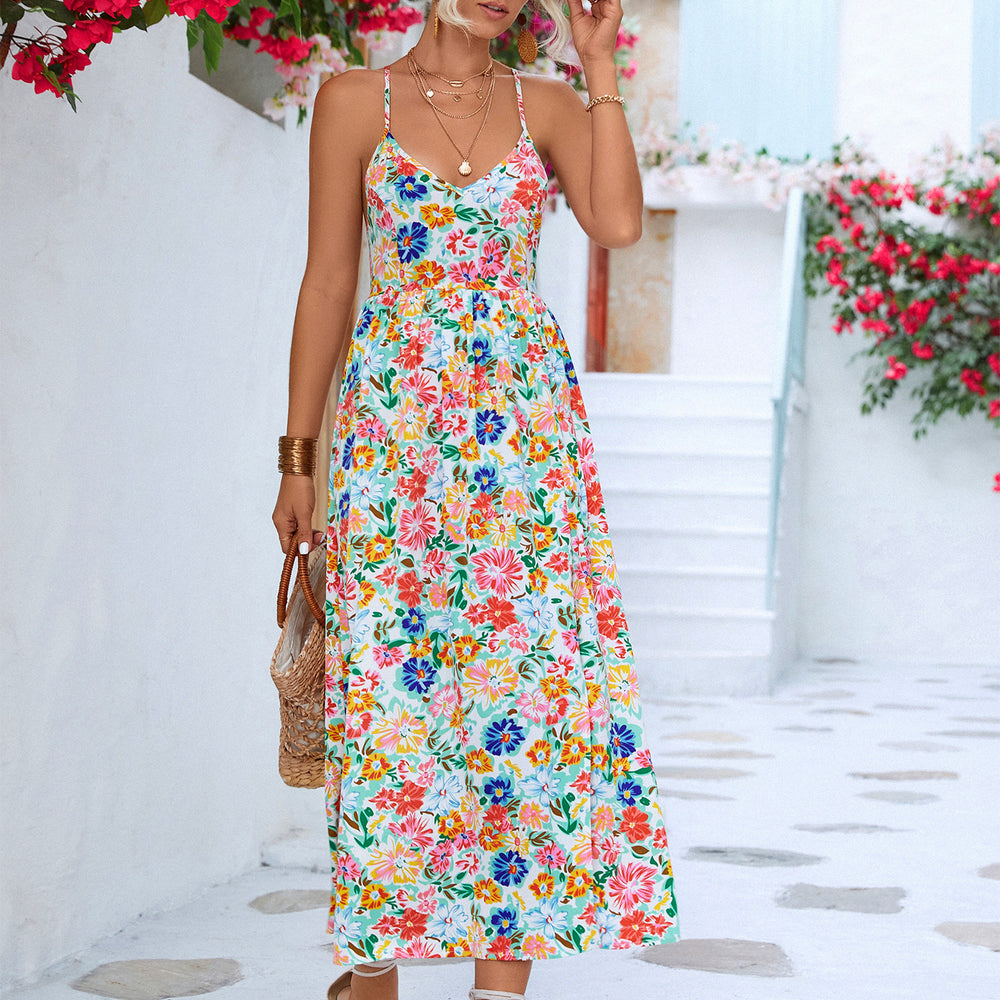 Floral Crisscross Backless Split Dress