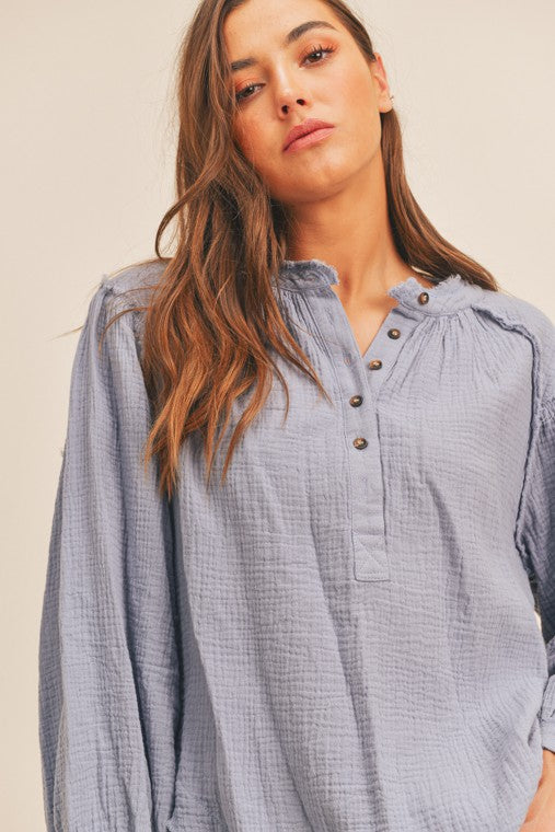 
                      
                        Distressed Button Down Top
                      
                    