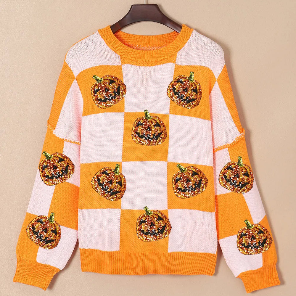 Pumpkin Checkered Round Neck Long Sleeve Sweater