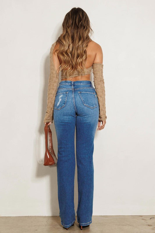 
                      
                        High Rise Subtle Distressed Straight Jeans
                      
                    