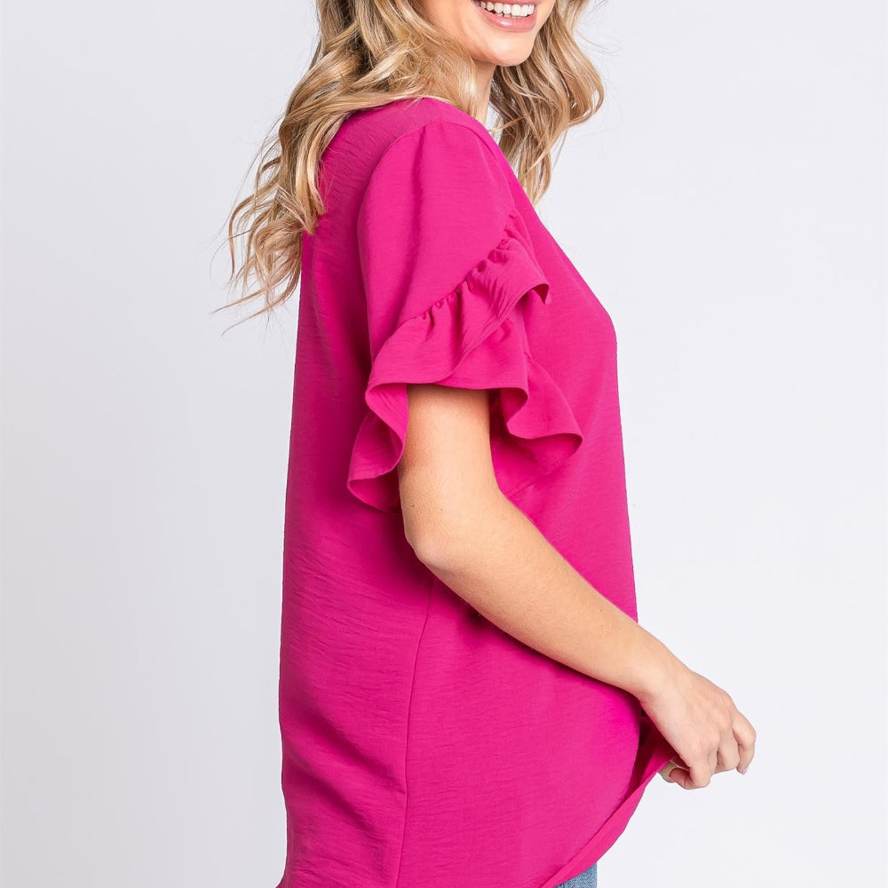 
                      
                        GeeGee V-Neck Ruffle Trim Short Sleeve Blouse
                      
                    