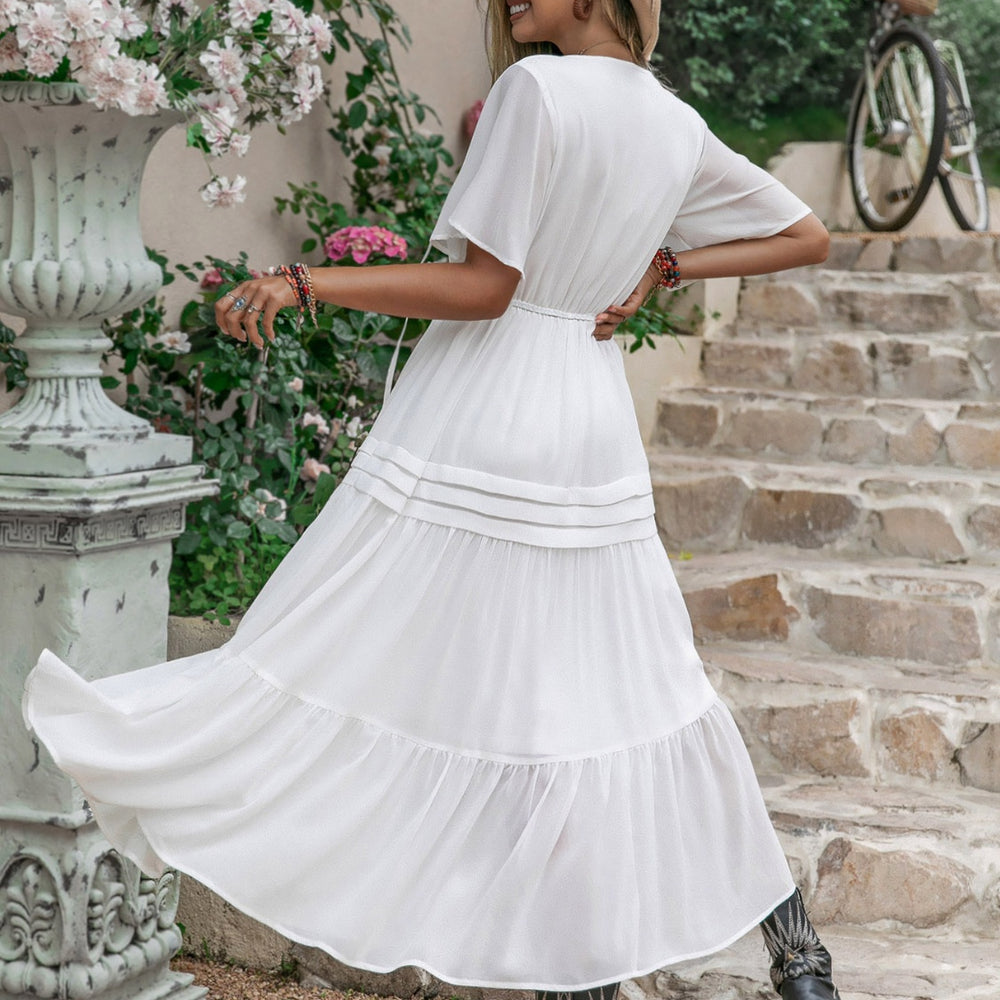 Tie Neck Short Sleeve Ruffle Hem Dress