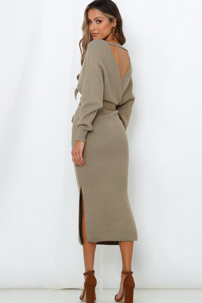 
                      
                        Surplice Neck Bow Waist Slit Sweater Dress
                      
                    