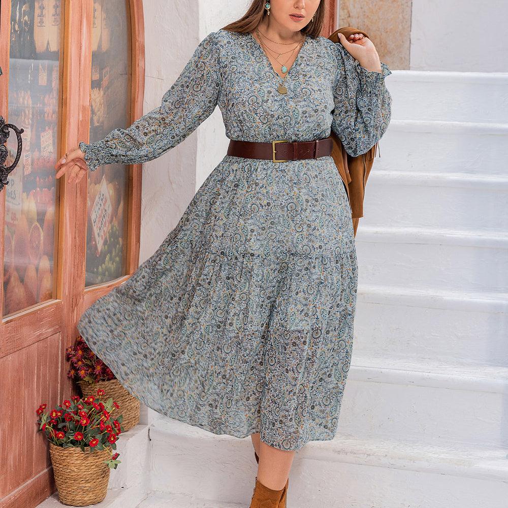 Plus Size V-Neck Long Sleeve Midi Dress