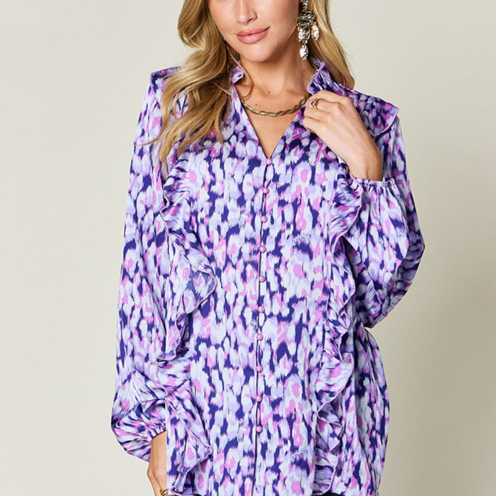 
                      
                        Double Take Full Size Printed Ruffle Trim Balloon Sleeve Shirt
                      
                    