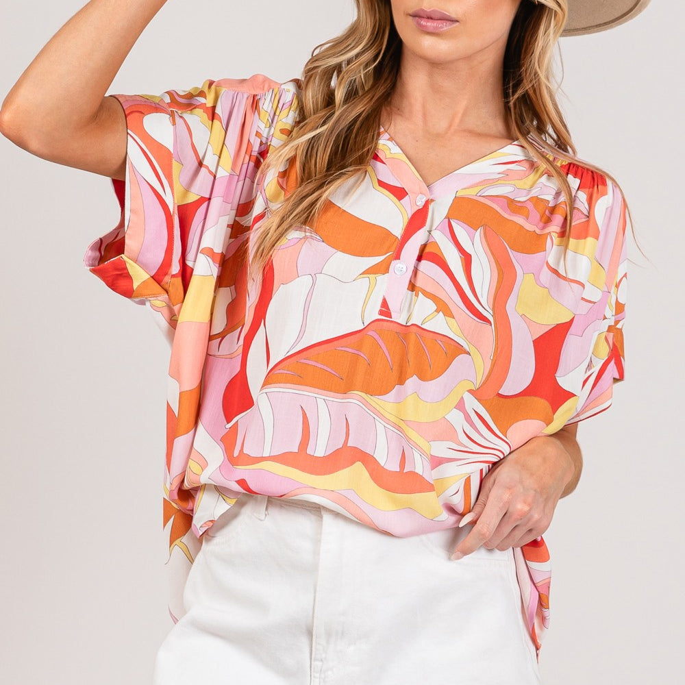 SAGE + FIG Abstract Print Half Button Blouse