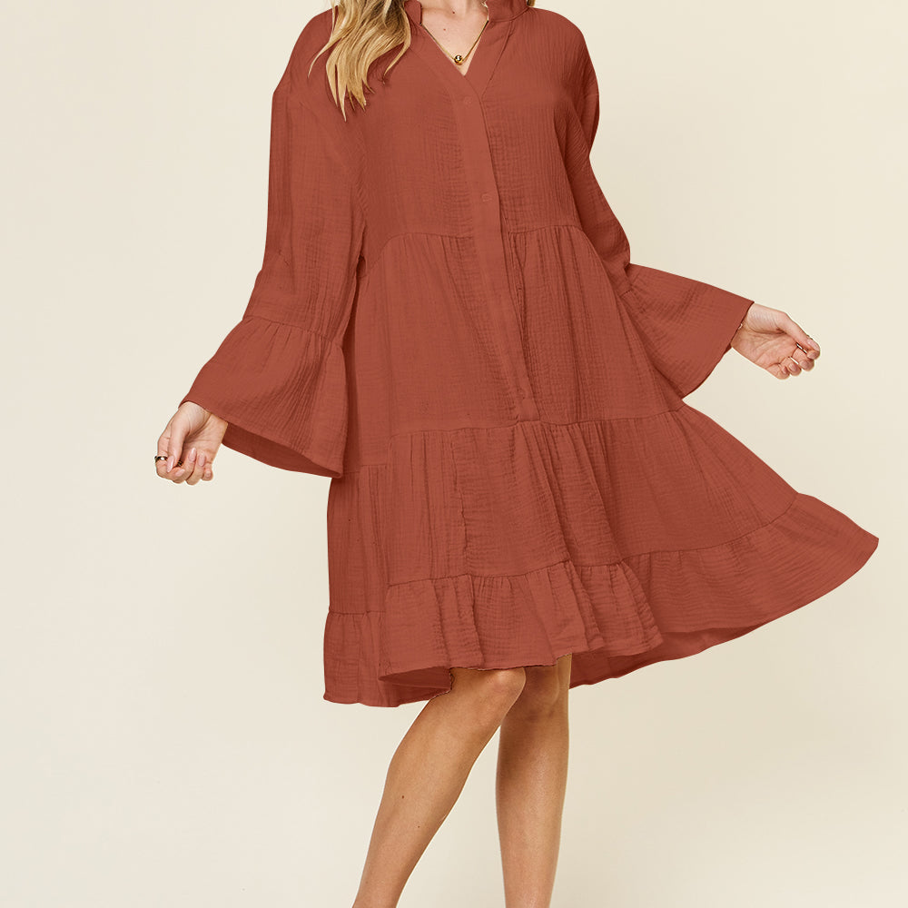 Double Take Full Size Texture Button Up Ruffle Hem Dress