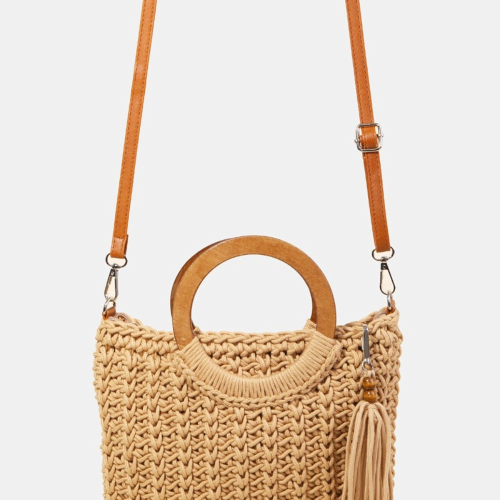 
                      
                        Fame Crochet Knit Convertible Tote Bag with Tassel
                      
                    