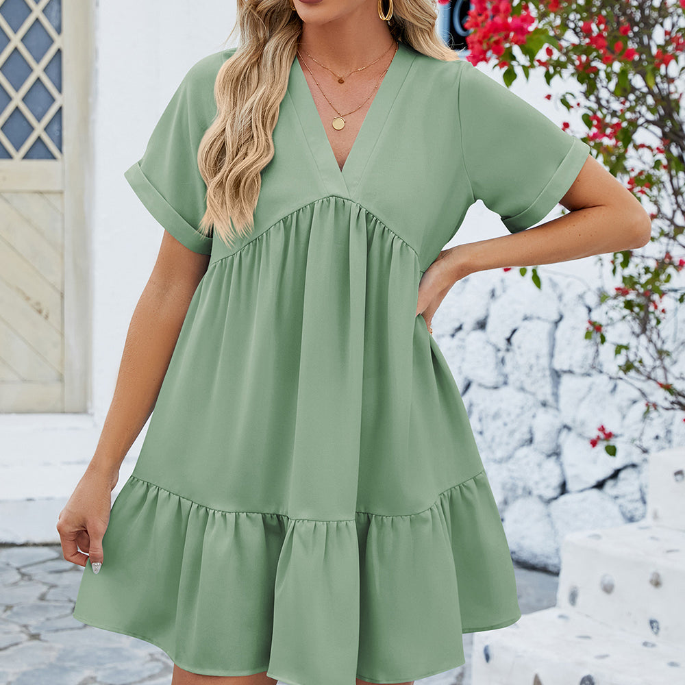 
                      
                        Ruched Tiered V-Neck Short Sleeve Mini Dress
                      
                    