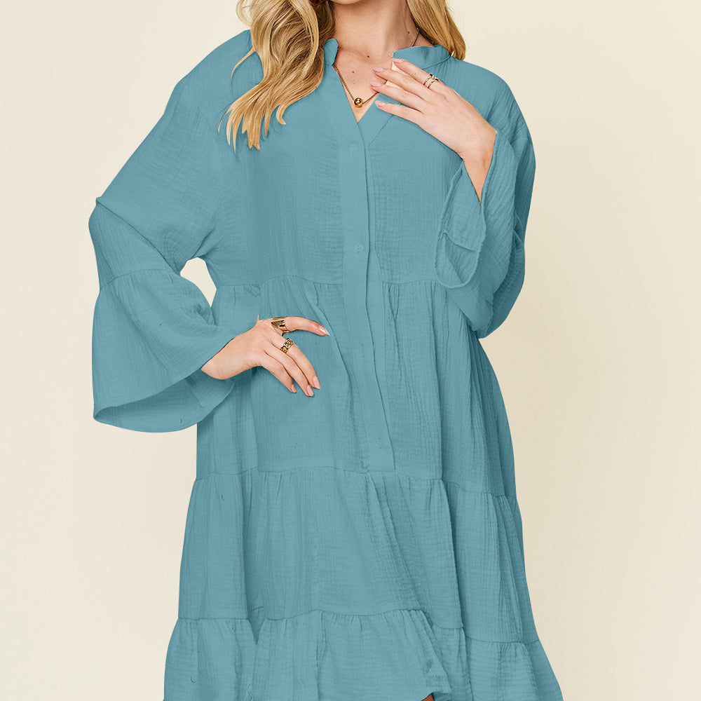 
                      
                        Double Take Full Size Texture Button Up Ruffle Hem Dress
                      
                    