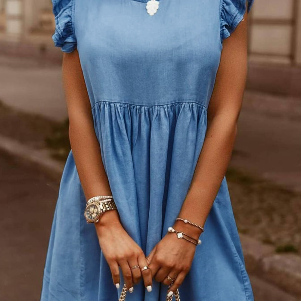 
                      
                        Full Size Ruffled Round Neck Cap Sleeve Denim Dress
                      
                    