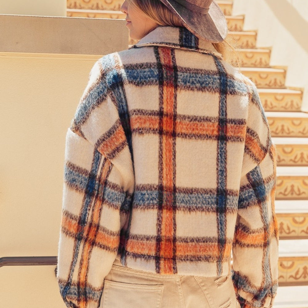 BiBi Brushed Plaid Crop Jacket with Pockets