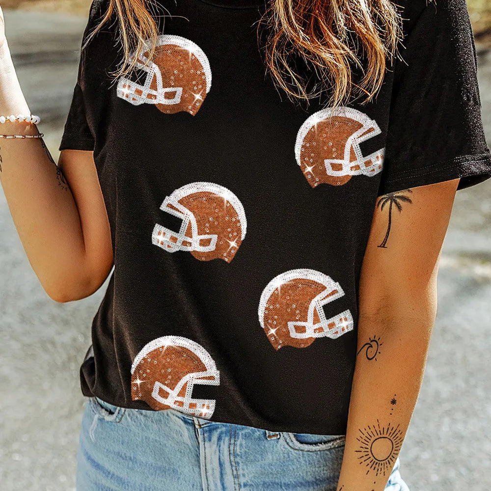 Sequin Round Neck Short Sleeve T-Shirt