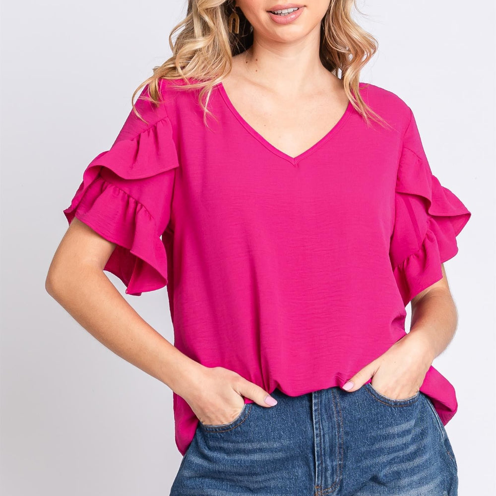 GeeGee V-Neck Ruffle Trim Short Sleeve Blouse