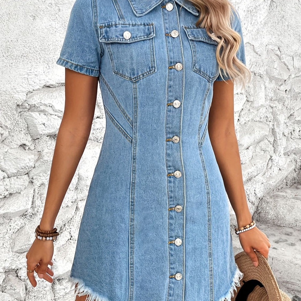 
                      
                        Raw Hem Button Up Short Sleeve Denim Dress
                      
                    