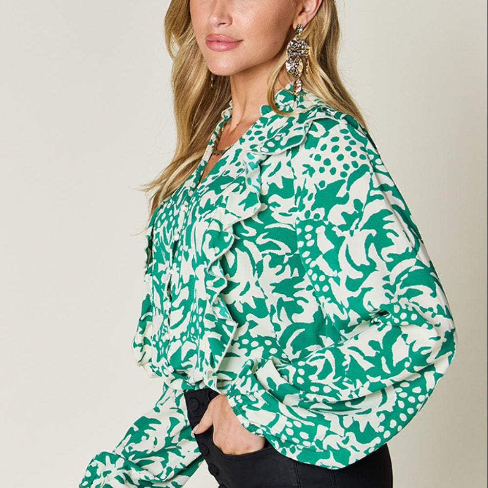 
                      
                        Double Take Full Size Printed Ruffle Trim Balloon Sleeve Shirt
                      
                    