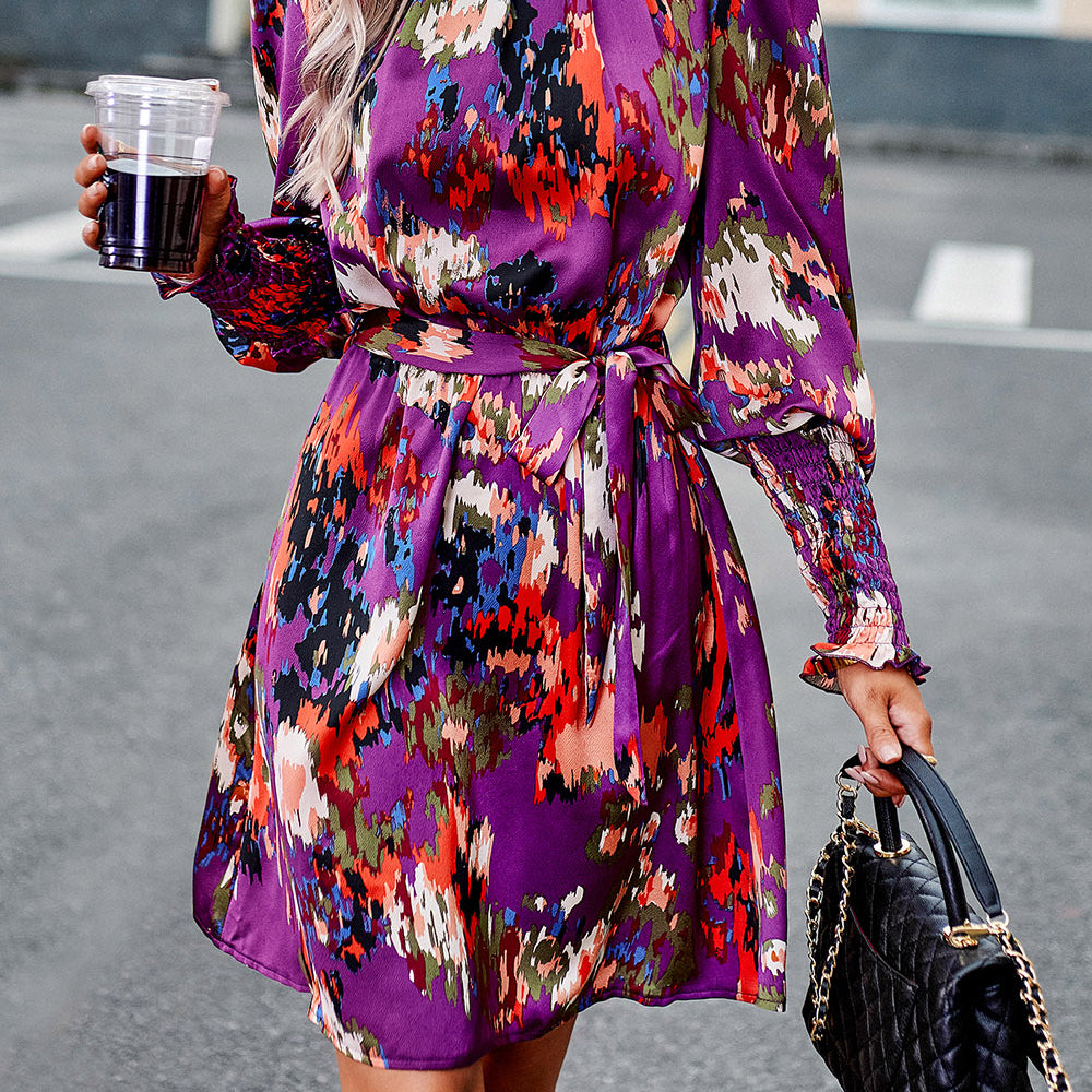 
                      
                        Printed Tie Waist Mock Neck Lantern Sleeve Dress
                      
                    