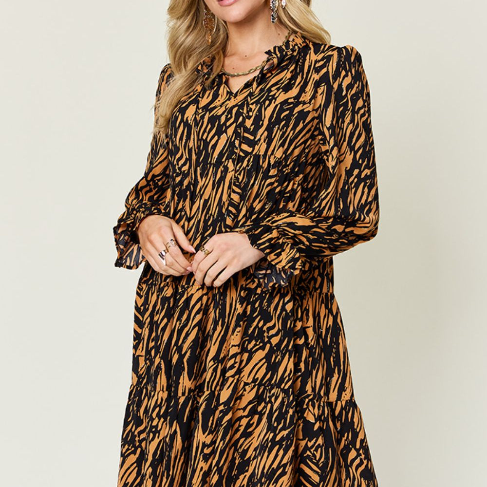 Double Take Full Size Printed Ruffle Hem Long Sleeve Dress