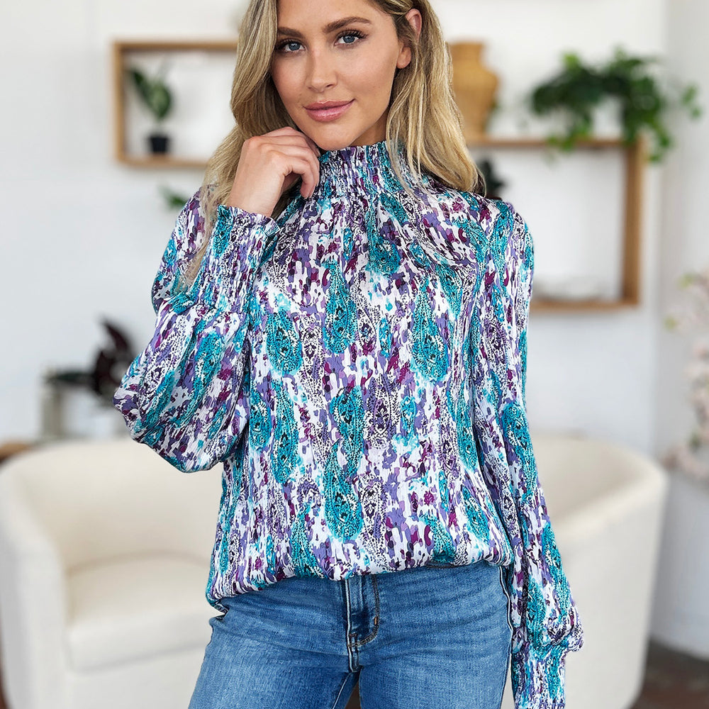 
                      
                        Double Take Full Size Printed Smocked Long Sleeve Blouse
                      
                    