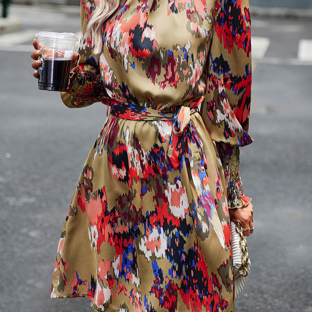 
                      
                        Printed Tie Waist Mock Neck Lantern Sleeve Dress
                      
                    