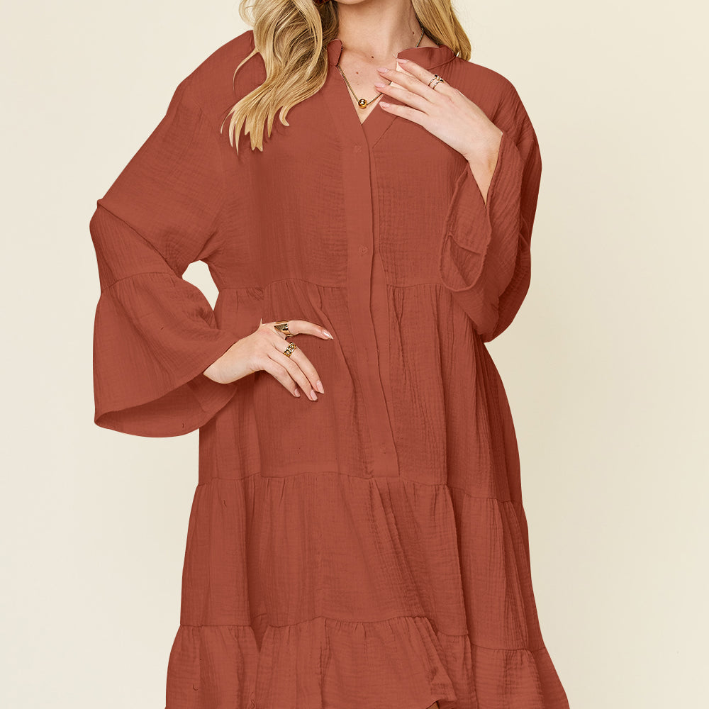 Double Take Full Size Texture Button Up Ruffle Hem Dress