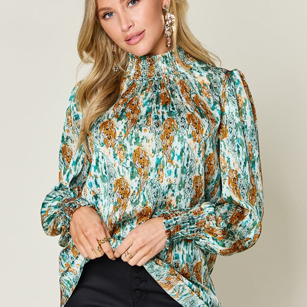 
                      
                        Double Take Full Size Printed Smocked Long Sleeve Blouse
                      
                    