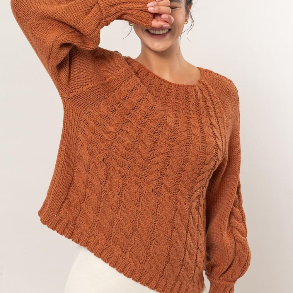 
                      
                        HYFVE Cable-Knit Round Neck Raglan Sleeve Sweater
                      
                    