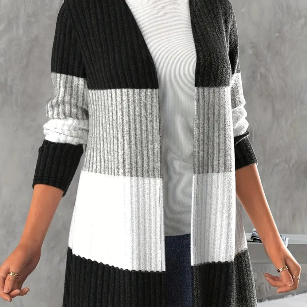 
                      
                        Color Block Open Front Long Sleeve Cardigan
                      
                    