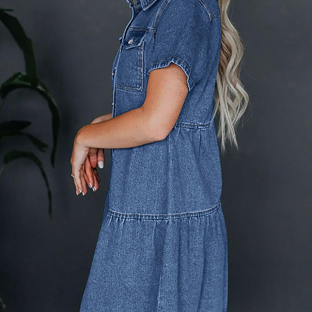 
                      
                        Pocketed Button Up Collared Neck Short Sleeve Denim Dress
                      
                    