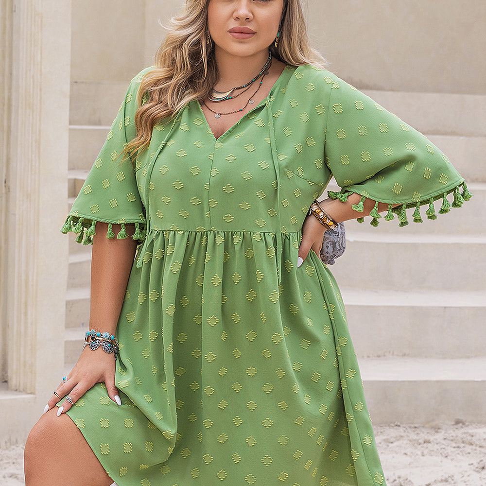 
                      
                        Plus Size Tied Tassel Half Sleeve Mini Dress
                      
                    