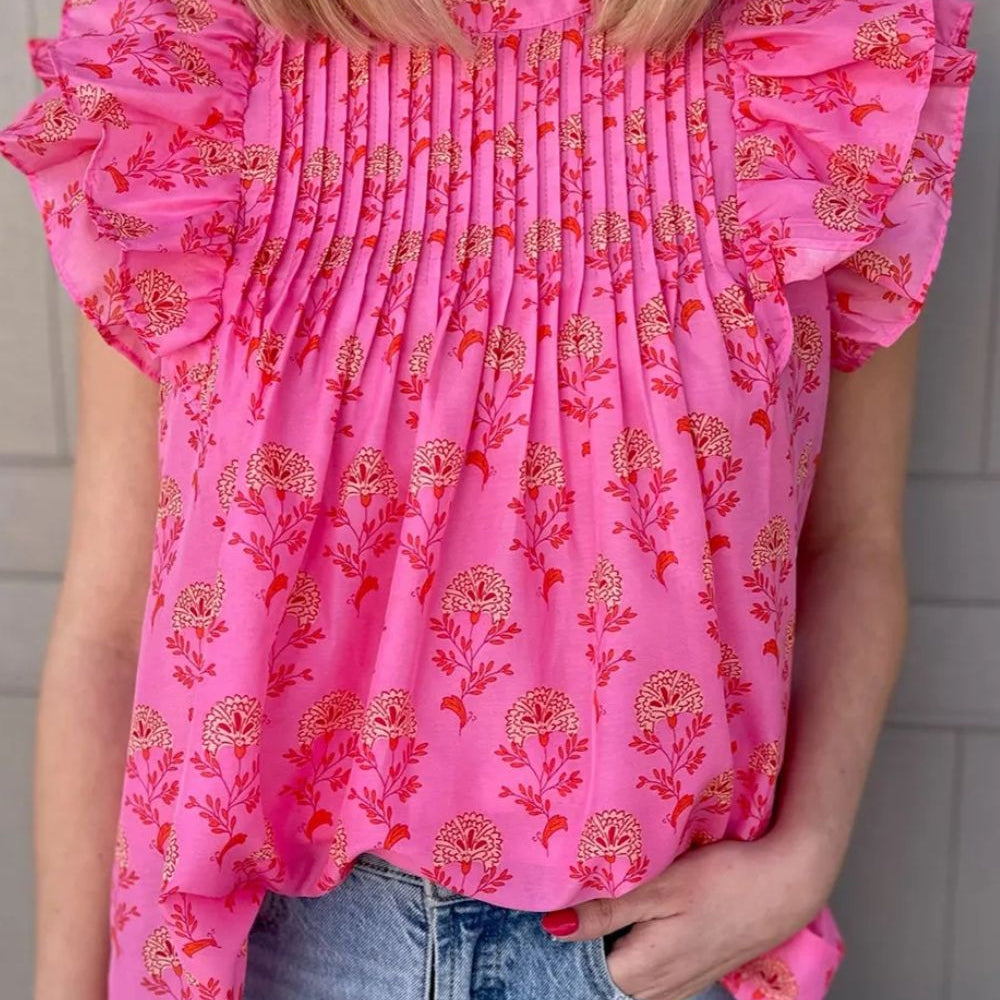 Ruffled Printed Mock Neck Cap Sleeve Blouse