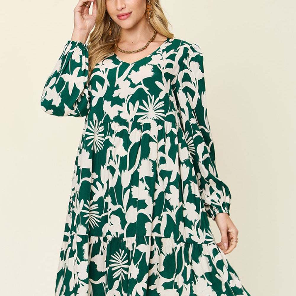 Double Take Full Size Printed Ruffle Hem Dress with Pocket