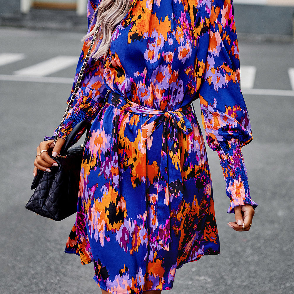 Printed Tie Waist Mock Neck Lantern Sleeve Dress