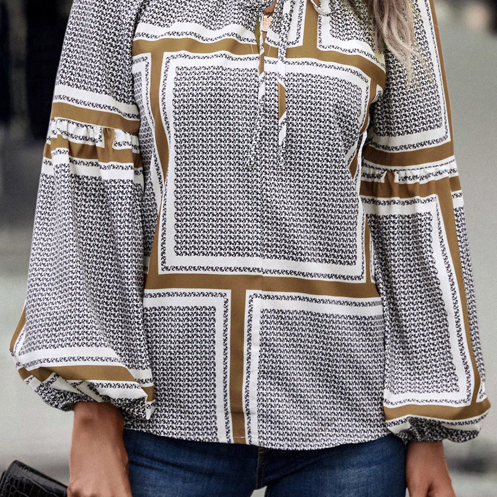 
                      
                        Printed Tie Neck Balloon Sleeve Blouse
                      
                    