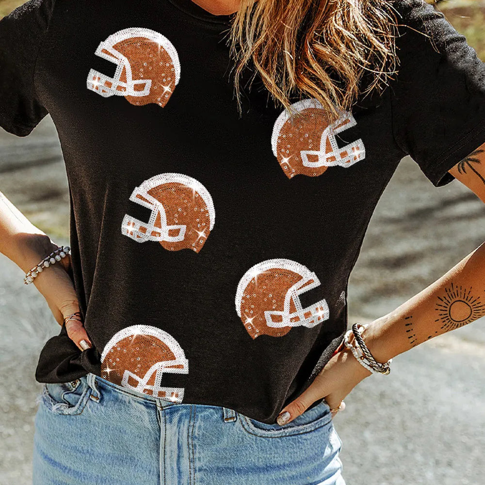 Sequin Round Neck Short Sleeve T-Shirt