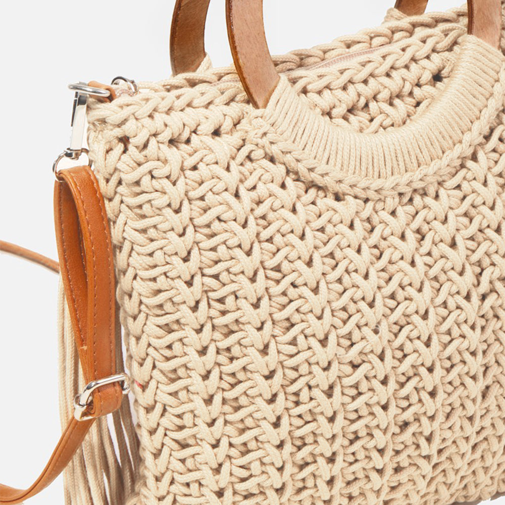 
                      
                        Fame Crochet Knit Convertible Tote Bag with Tassel
                      
                    