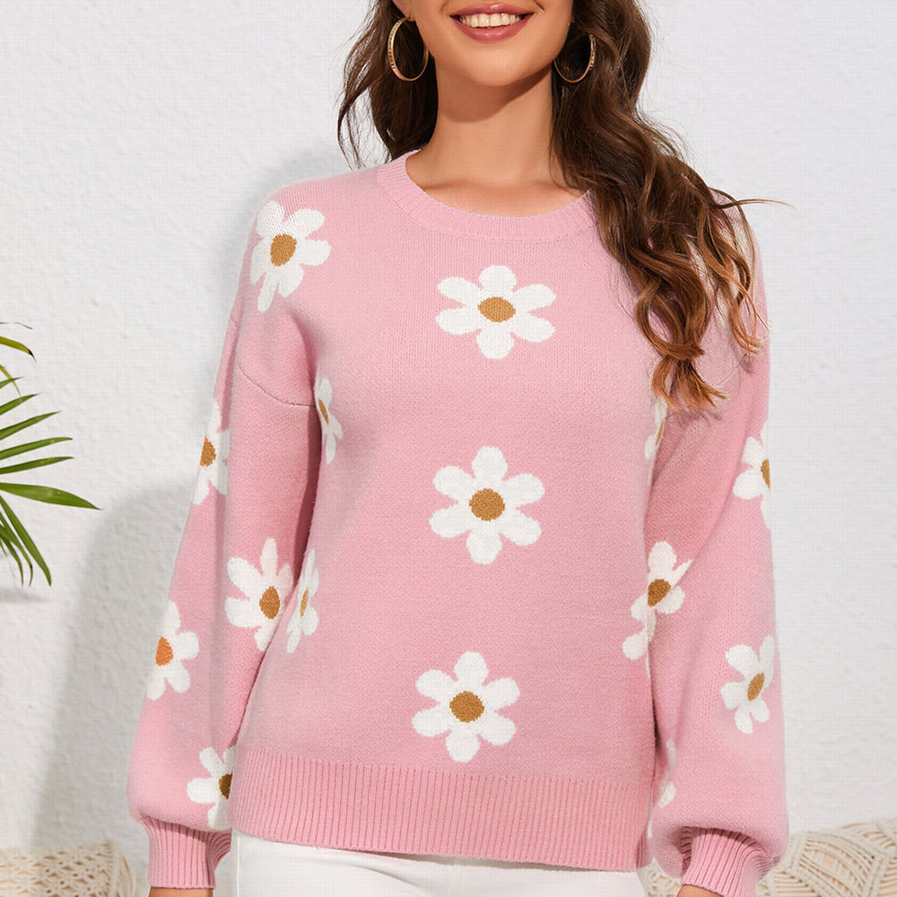 
                      
                        Flower Round Neck Dropped Shoulder Sweater
                      
                    