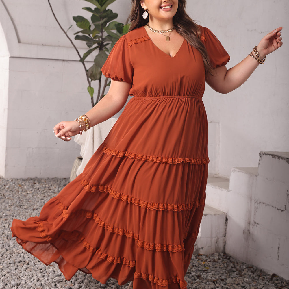 
                      
                        Plus Size Ruched Lace Detail V-Neck Short Sleeve Dress
                      
                    