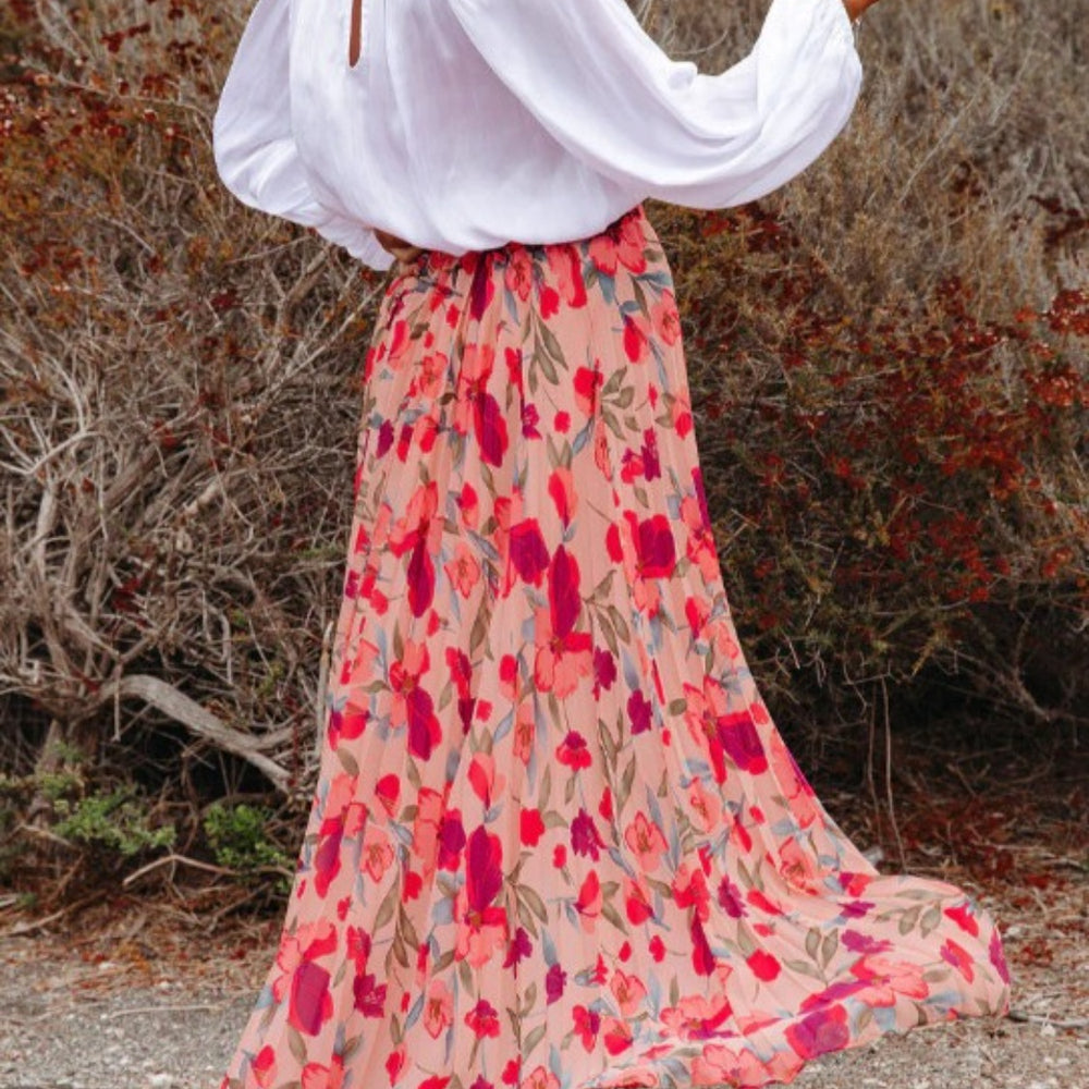 Printed Elastic Waist Pleated Maxi Skirt