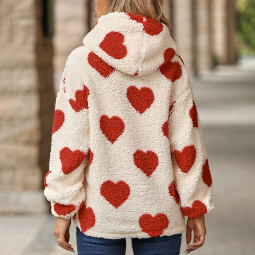 
                      
                        Fuzzy Heart Pocketed Dropped Shoulder Hoodie
                      
                    