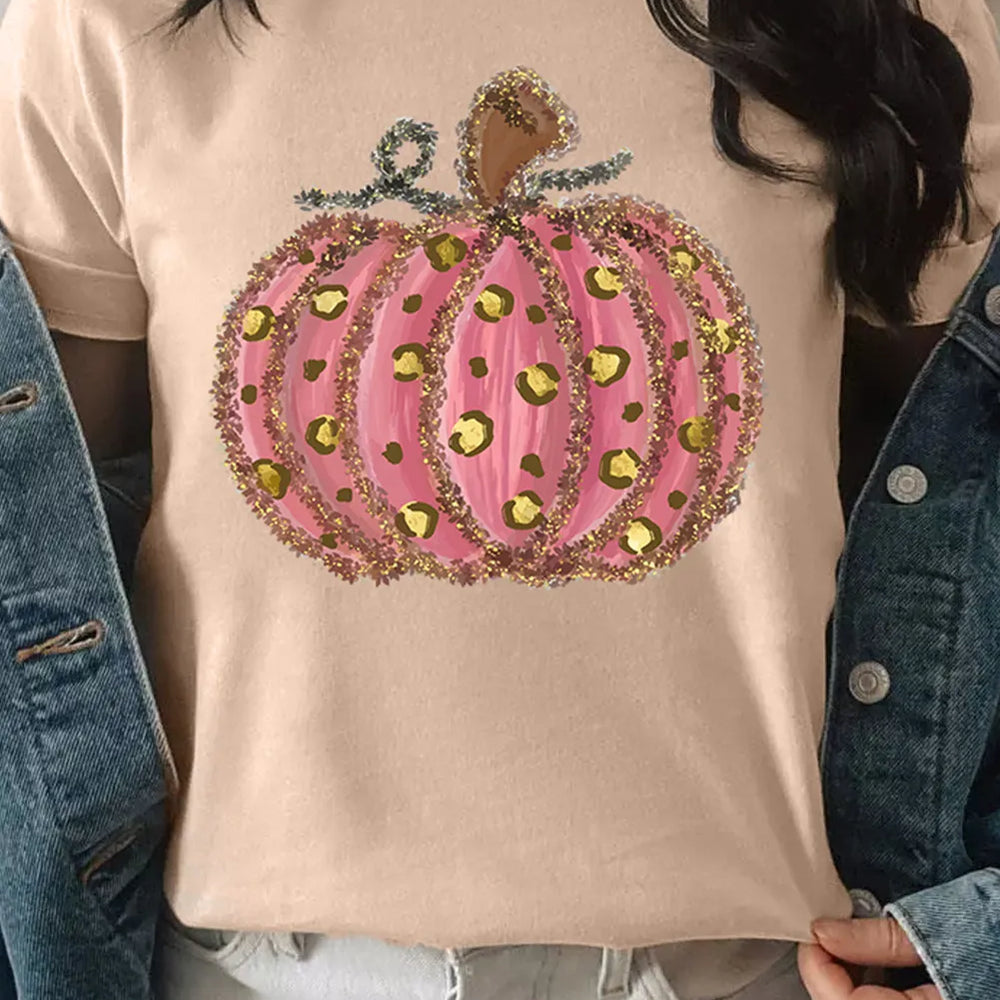 Pumpkin Round Neck Short Sleeve T-Shirt