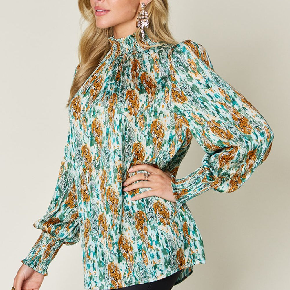 
                      
                        Double Take Full Size Printed Smocked Long Sleeve Blouse
                      
                    